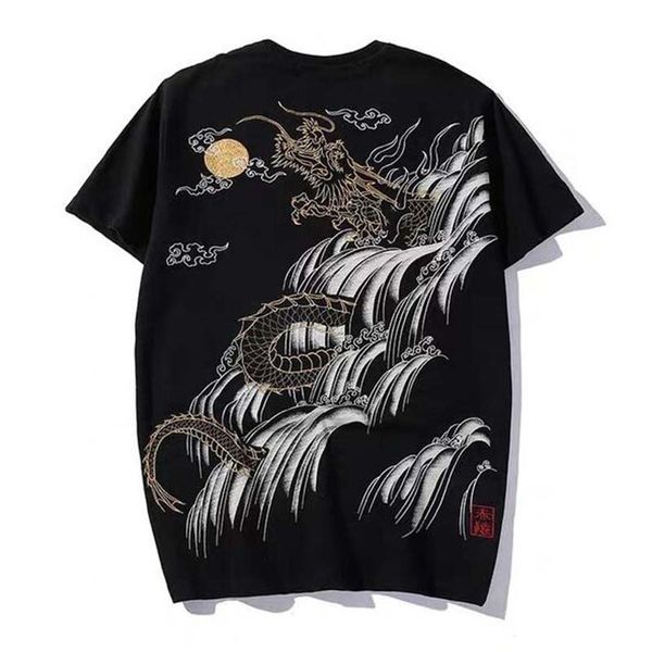 

men summer chinese style embroidery dragon carp totem t-shirt women fashion o-neck for lovers hip hop tees, White;black