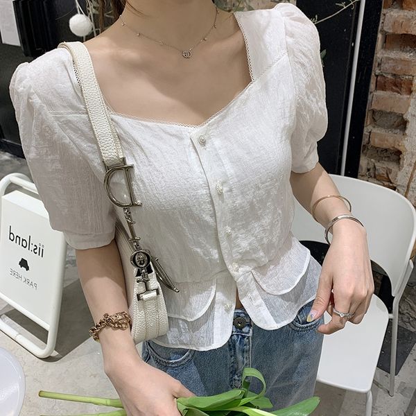 

2020 лето новые моды фея рубашка женщин воротник нишу дизайн солнцезащитный крем пузырь рубашка с короткими рукавами, White