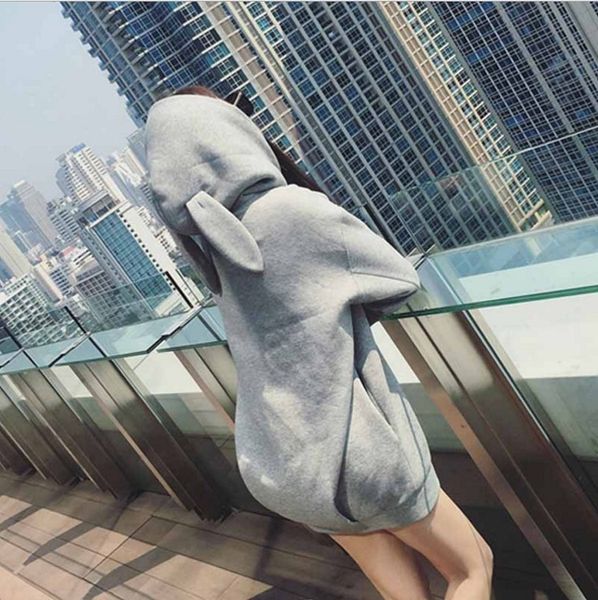 

upstb women's autumn and winter new rabbit ear fleece hooded women tu sweater sweater sweater's large size loose solid color jacke, Black