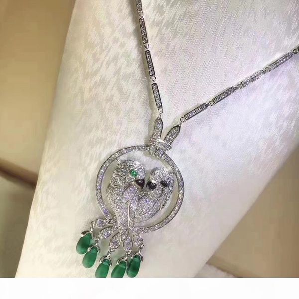 

высокого качество cz алмазы зеленый природного камень подвеска птица ожерелье 18k белого золота покрыли партию ювелирных изделий для женщин, Silver