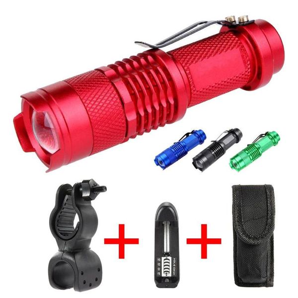 

flashlights torches 3500 lm q5 14500 3 modes zoom led mini lamp & bicycle holder clip battery charger pouch