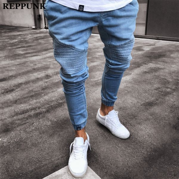 

diaooaid 2020 new men's skinny black jeans stripes hip hop streetwear ripped skinny printed lightweight cotton denim trousers, Blue