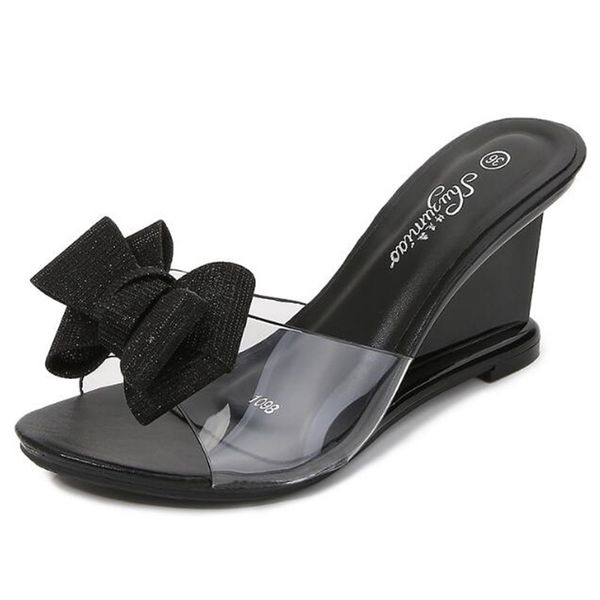 

women sandals 8cm wedges high heels sandals chaussures femme pvc open toed waterproof platform butterfly-knot shoes for women, Black