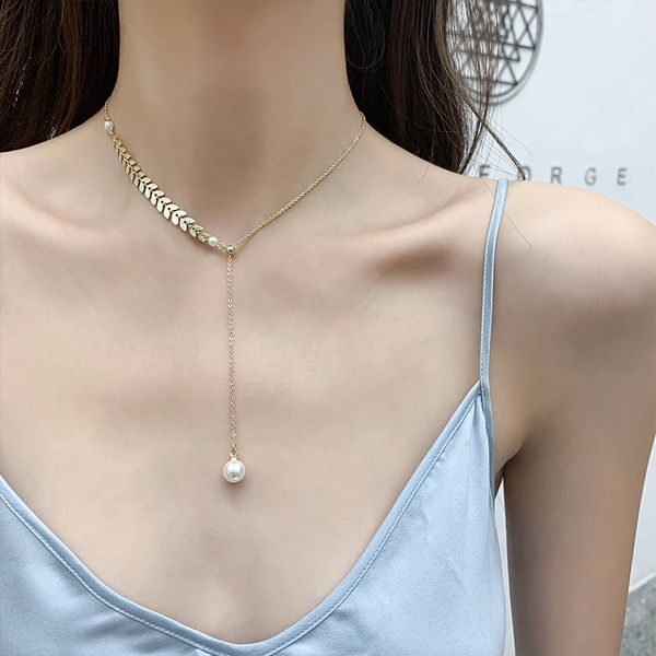 

pearl fairy willow leaf chain pendant female simple lady clavicle chain electroplating jewelry trend fashion necklace, Silver