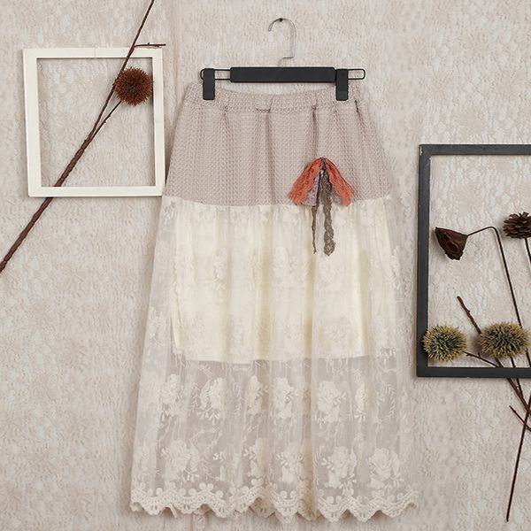 

skirts japanese summer autumn mori girl sweet lace skirt women floral embroidery hollow out bow bottom female harajuku a255, Black