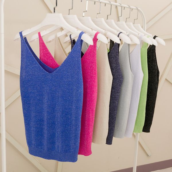 

crop women 2020 knitted tank gold thread vest summer women tank casual femme camis tees 18 colors, White