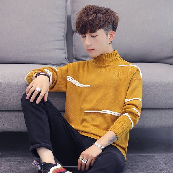 

turtleneck sweaters korean half autumn winter long sleeve loose pullovers jumpers men slim fit casual knitwear, White;black