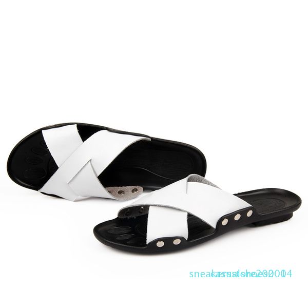 

summer cool leather breathable men flip flops korean style male slipper non-slide male handmade men slippers hs166 c14, Black