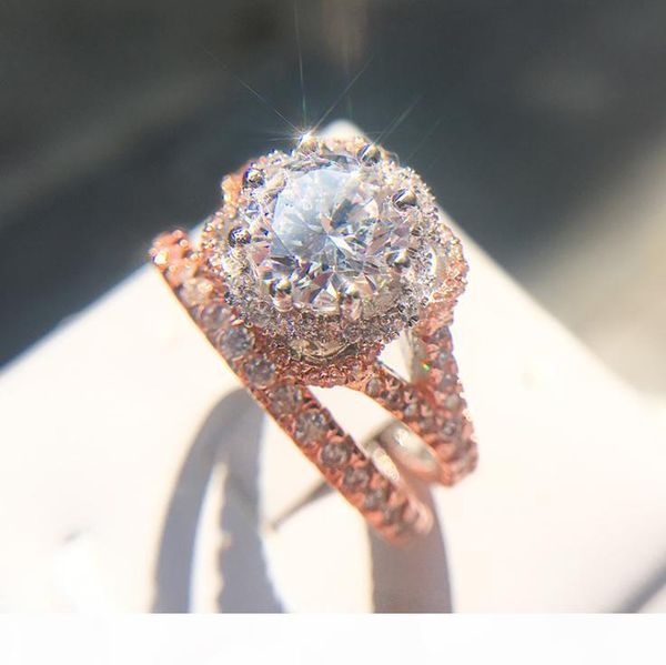

r vintage fashion jewelry 925 sterling silver &rose gold fill round cut white z cz diamond couple rings eternity women wedding brid, Slivery;golden