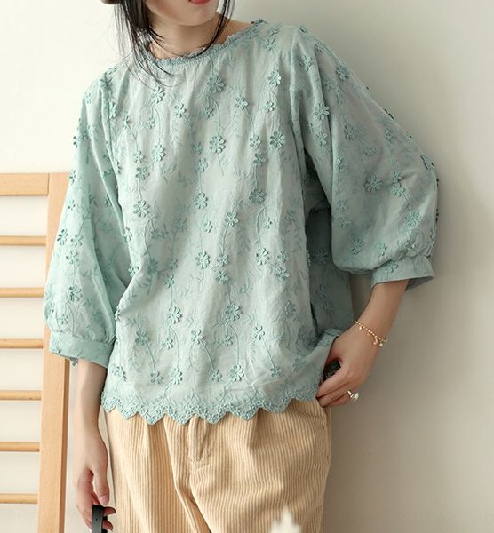 

qaewl 19 autumn new embroidered cotton lantern sleeve t- women's artistic embroidery t-shirt embroidery custom floral nine-quarter slee, White