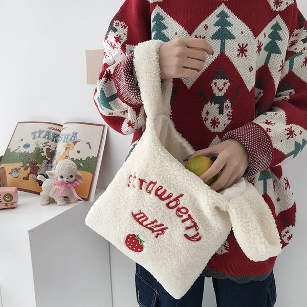 

women 2020 winter small plush tote simple warm cloth wrist bags embroidery handbag eco makeup bag purses for girls