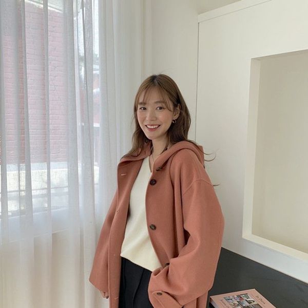 

2020 korean new hand-sewn hooded simple solid color loose casual windproof thickened double-sided woolen women's coat, Black