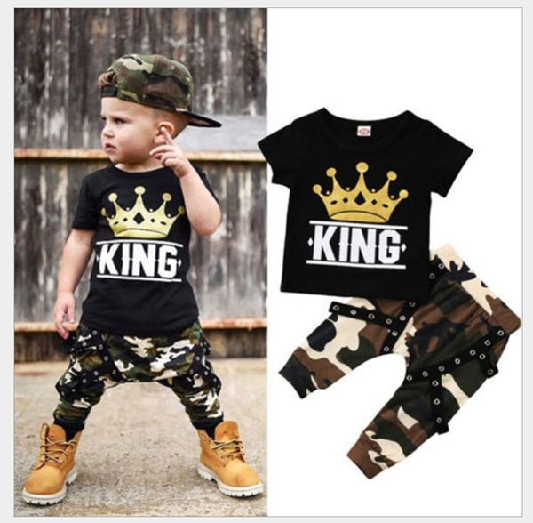 2020 Nova Meninos roupas de verão sets + Camo Pants 2pcs Sets Luva Crianças curta T-shirt Meninos Outfits Crianças Suit 70-130cm 0-5Years