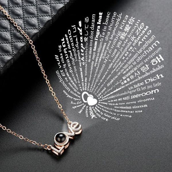 

rose gold love words 100 languages i love you projection pendant necklace romantic memory wedding gifts for women, Silver