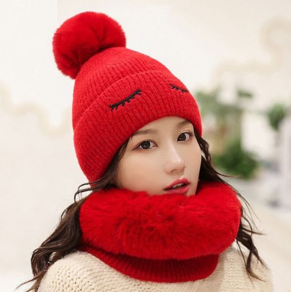 

jiuce028 winter women's cut two pieces set thick pompom knit beanies and neck warmer knitted skullies cap hat for cycling, Blue;gray