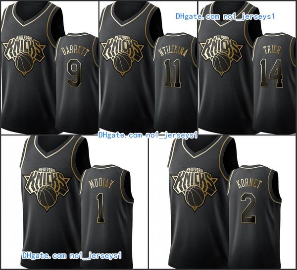 

new york knicks men r.j. barrett frank ntilikina allonzo trier emmanuel mudiay luke kornet nba black golden edition jersey