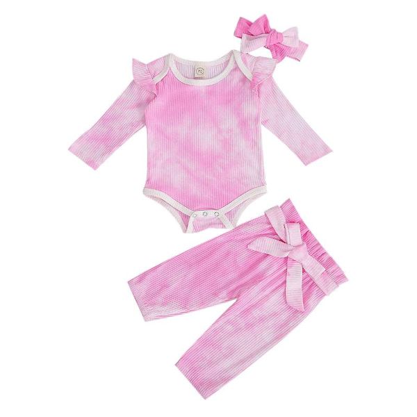 

3 pcs newborn tie-dye print autumn outfits infant long sleeve round neck bodysuit lace-up trousers and headband set, White