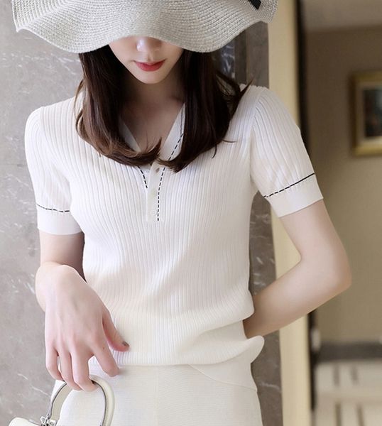 

женская ice шелковый 2020 летний новый v-образным вырезом с коротким рукавом трикотаж трикотаж top шелковицы западный стиль верхней футболки, White