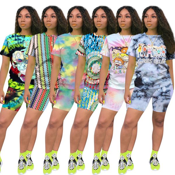 

women sport style clothing set summer clothing suits fashion cartoon printed casual suits womens loose tshirts + shorts plus size, Gray