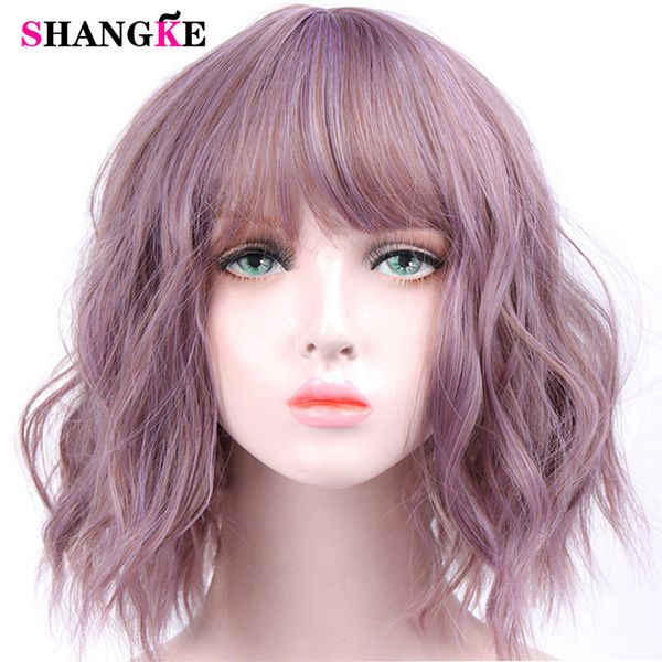 

short wavy wigs for black women african american synthetic pink hair purple wigs with bangs heat resistant cosplay wig5435