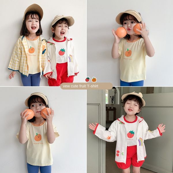 

девушки просто милые фрукты футболка ребенка западный стиль напечатанный топ лето new top плодовые одежды потерять короткий рукав одежды, Blue