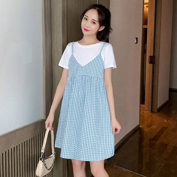 

summer short sleeve pregnant women cotton dress preppy style strap patchwork plaid a-line mini dress belt lacing maternity, White