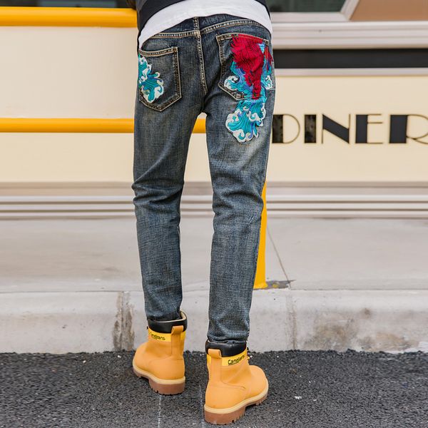 

riinr 2020 новый мужской вышитые джинсы китайский стиль casual джинсы мужской личности брюки людей способа прямые брюки 29-40, Blue