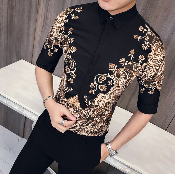

luxury gold black shirt men short sleeve slim fit casual shirt party club prom men 2020 korean camisa clothes, White;black