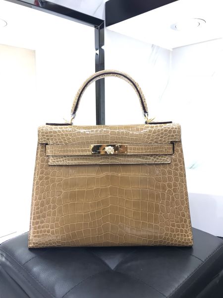 

wholesale shiny crocodile leather brown brand bag,fully handmade,wax thread,by order,have gold and silver hardware,can make size28,32cm