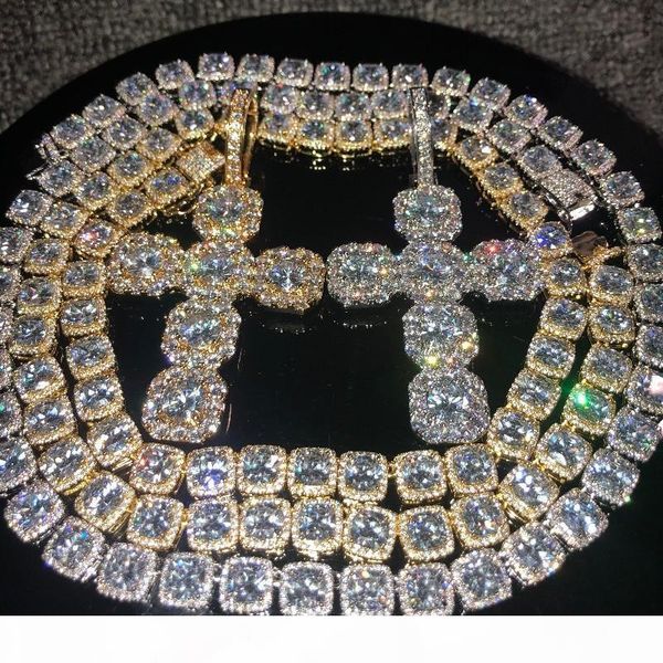 

iced out chains hip hop jewelry men full diamond cross pendant necklace micro cubic zirconia copper set diamond necklace bread diamond, Golden;silver