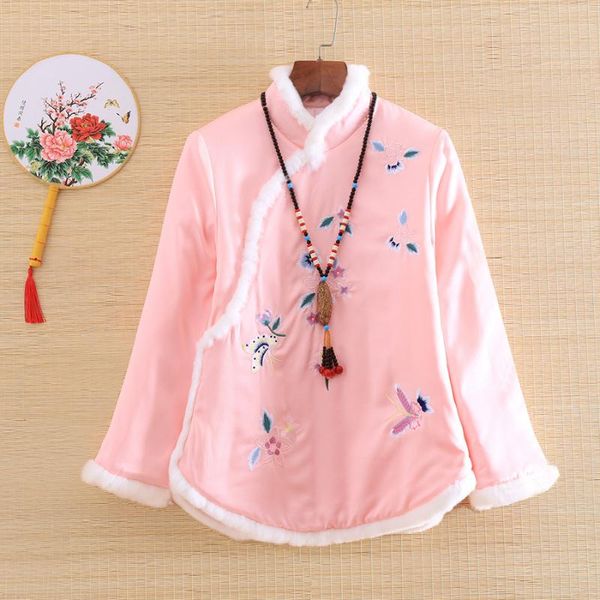 

embro mill autumn winter women coat chinese style retro embroidery elegant loose lady warm jacket coat female s-2xl, Red