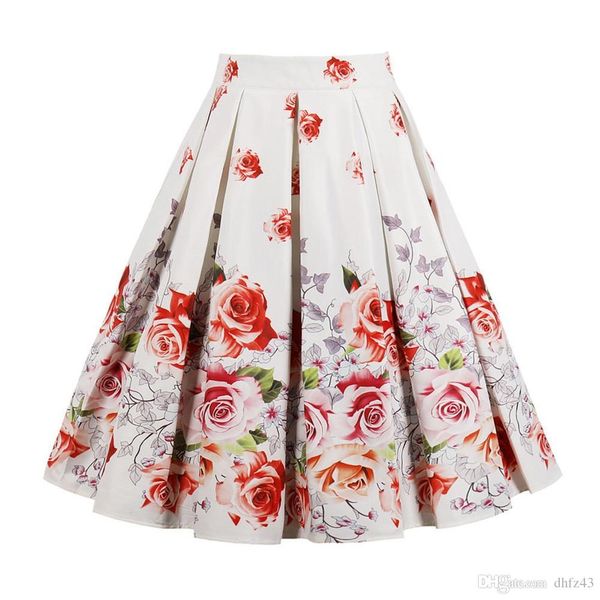 

hj print vintage skirts women plus size high waist knee-length skirts casual ruffles midi a-line party skirt, Black