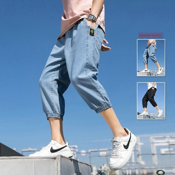 

2020 tide brand ankle-tied men's summer new and jeans elastic waist thin small foot harlan jeans, Blue