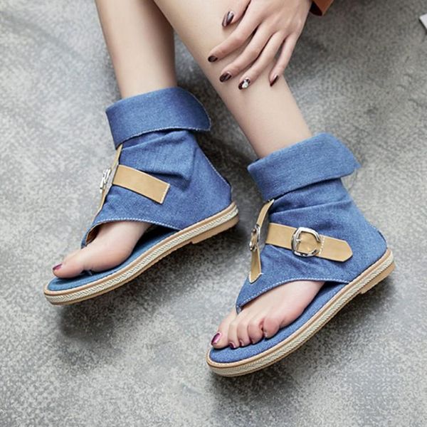 

denim sandals for women roman clip toe open toe flat bottom belt buckle blue back zipper comfortable cool boots, Black