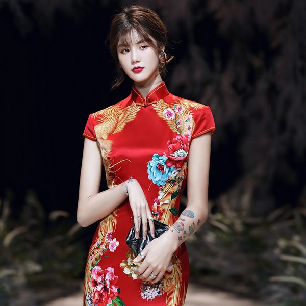 

ethnic clothing oversize women chinese wedding dress cheongsam traditional satin silk red print year retro prom party long qipao s-4xl