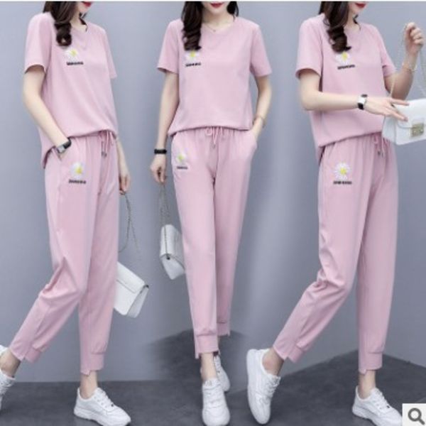 

tbktl casual fashion daisy suit women's summer new small western style slimming and age-reducing two-piece sports pants sports pants su, Gray