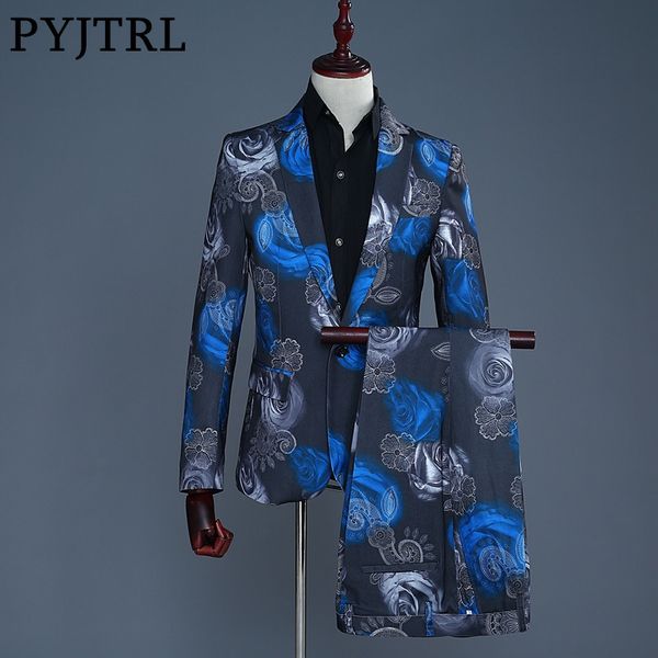 

pyjtrl new tide мужчины моды синий красный роза цветочные печати повседневные свадебные современные костюмы пром tuxedo pantalon homme dj pa, White;black