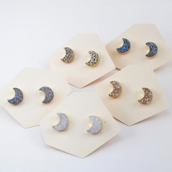 

5pairs fashion druzy stud earrings natural agates titanium druzy earrings moon shape gold statement for women g1947, Golden;silver