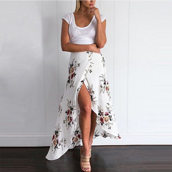 

high waist boho printing long skirt women high split maxi skirt floral print beach skirt female chic vintage 2020 summer, Black