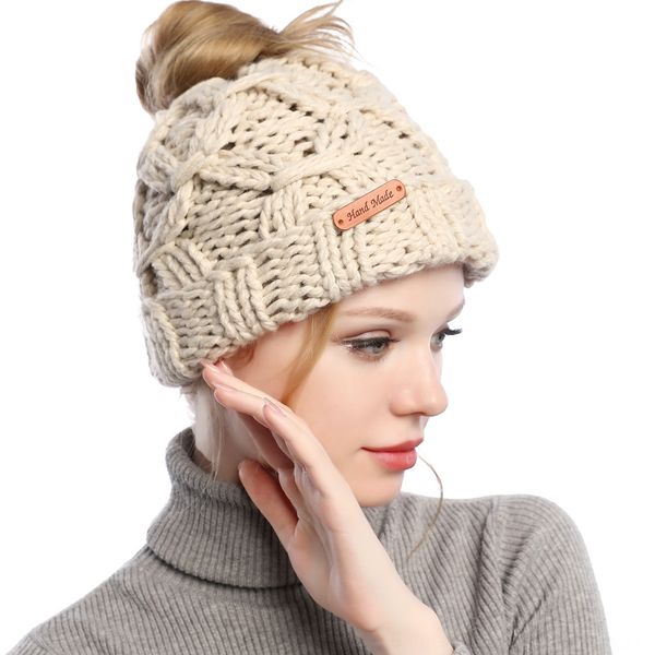 

women's new knitted ponytail hat wool warm cap pullover cap hair band empty pullover hat thickened warm, Blue;gray