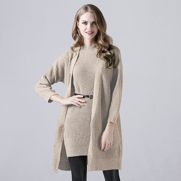 

2020 new arrival autumn winter women suits sweaters solid warm long sleeve o-neck vintage sweater lady sweater 2pcs coats+dress, White