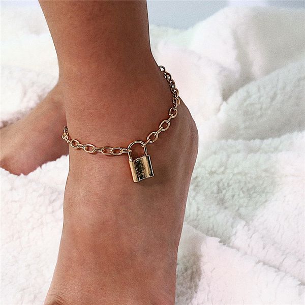 

10pcs/lot retro style fashion female anklet geometric lock beach barefoot chains vacation gift gold anklets jewelry accessories, Red;blue
