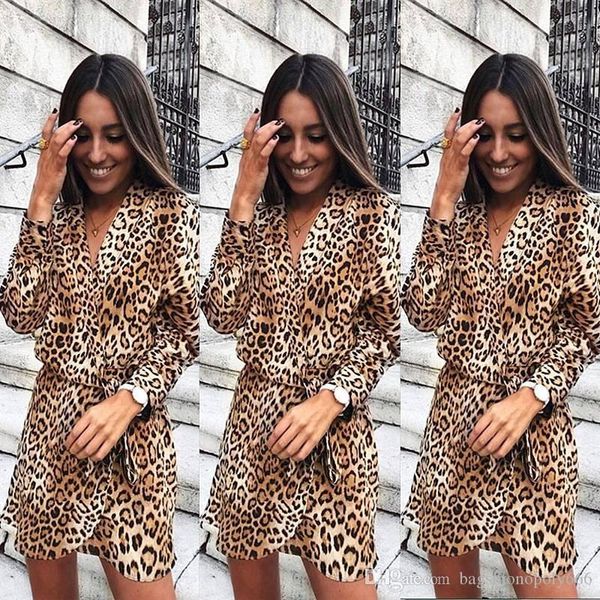 

2019 autumn explosion v-neck long-sleeved slim leopard irregular dress female european style fashion casual, Black;gray