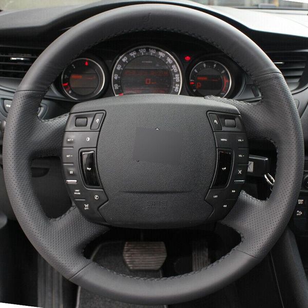 

black leather hand-stitched car steering wheel cover for citroen c5 2008-2017