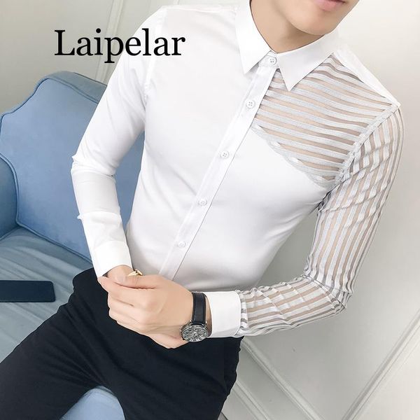 

laipelar see through lace hollow men shirt long sleeve spring 2020 mens shirts casual slim fit night club chemise homme, White;black