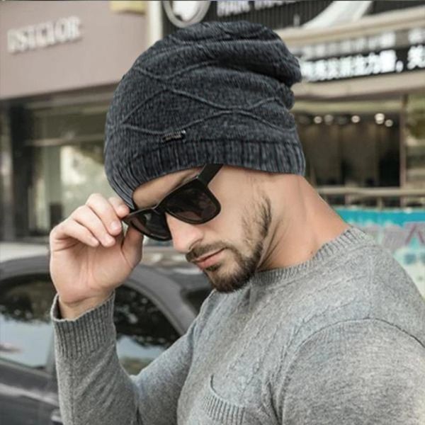 

new winter hip hop knitted hats men plus velvet solid beanies winter warm comfortable hat outdoor accessories thick cotton hats, Blue;gray