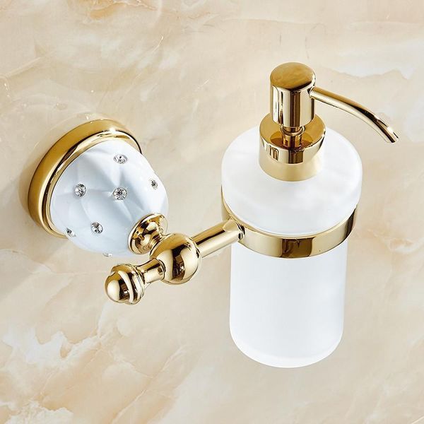 

luxury wall mounted liquid soap dispenser with gold +frosted glass container bottle bathroom products accessories liquid 5218