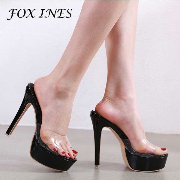 

foxines women sandal female model t station catwalk transparent shoes 15cm high heels waterproof head sandals, Black