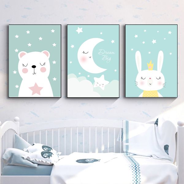

bear rabbit moon cute cartoon wall art canvas painting pictures wall art custom poster for kids nursery prints pink baby room