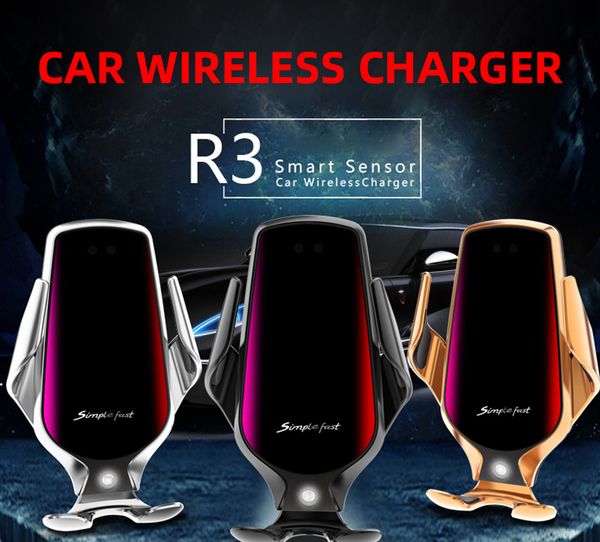 

original r3 car wireless charger 10w fast charging automatic clamping phone holder car air outlet holder for iphone samsung with box packing